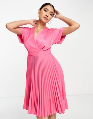 Closet London wrap pleated mini dress in fuchsia pink - ASOS Price Checker