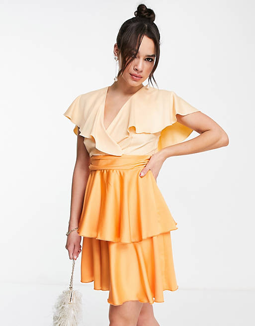 Dresses Closet London wrap ruffle mini dress in orange colour block 