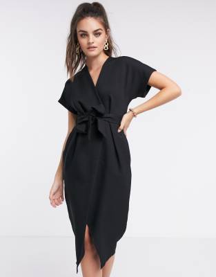 Closet London wrap tie midi dress in black