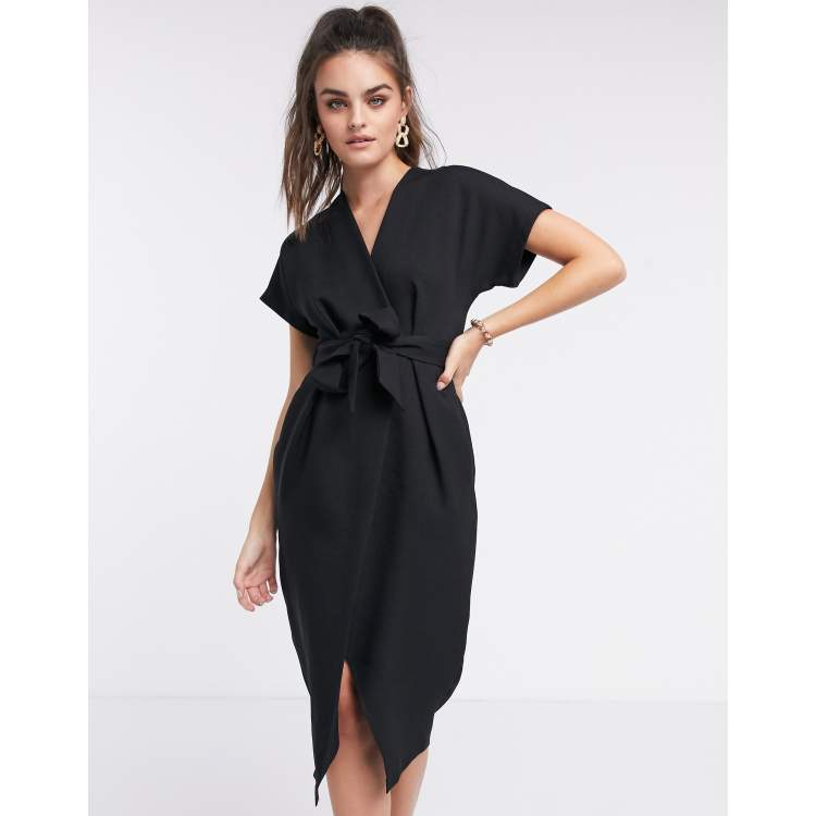 Closet London wrap tie midi dress in black