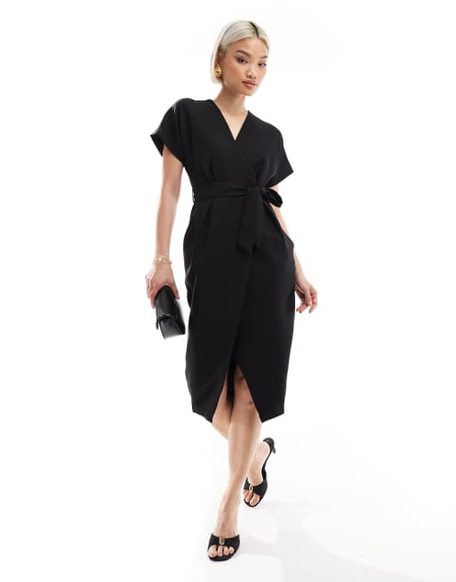 Closet London wrap tie midi dress in black | ASOS