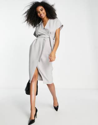 Closet London Wrap Tie Midi Dress In Gray-grey