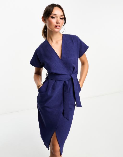 Closet London wrap tie midi dress in navy | ASOS