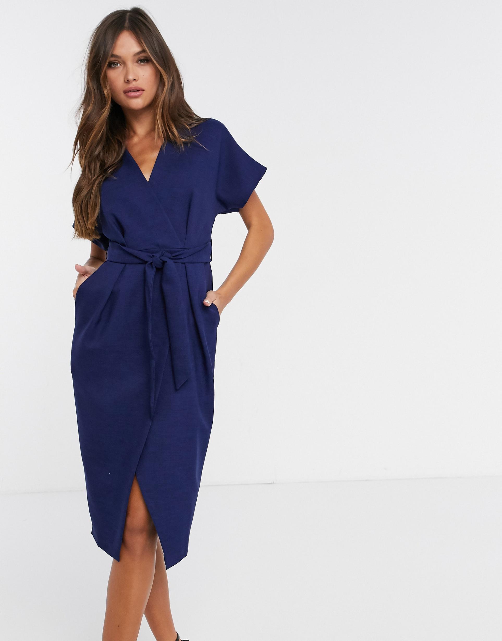 closet london wrap tie midi dress in navy
