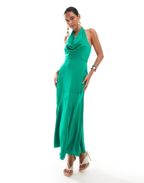 Closet London – Zielona satynowa sukienka maxi z drapowanym dekoltem - view 1