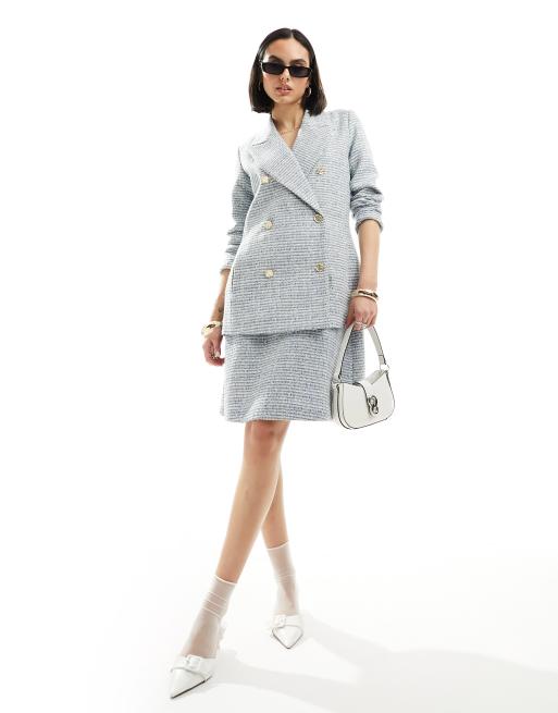 Closet London – Zweireihiger Blazer aus Tweed in kariertem Babyblau, Kombiteil