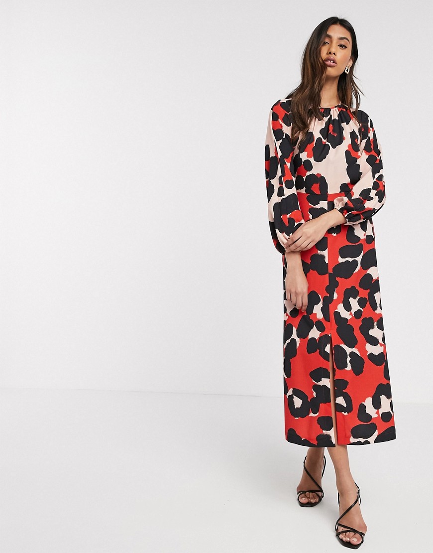 Closet - Midi-jurk met lange mouwen en contrasterende dierenprint-Multi