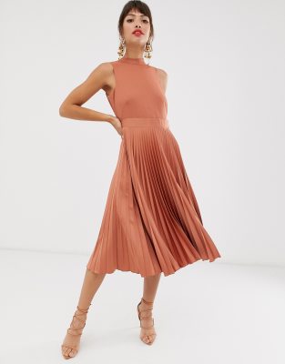 closet pleated skirt midi dress in rust