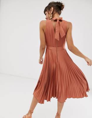 closet pleated skirt midi dress in rust