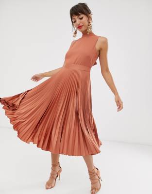 closet pleated skirt midi dress in rust