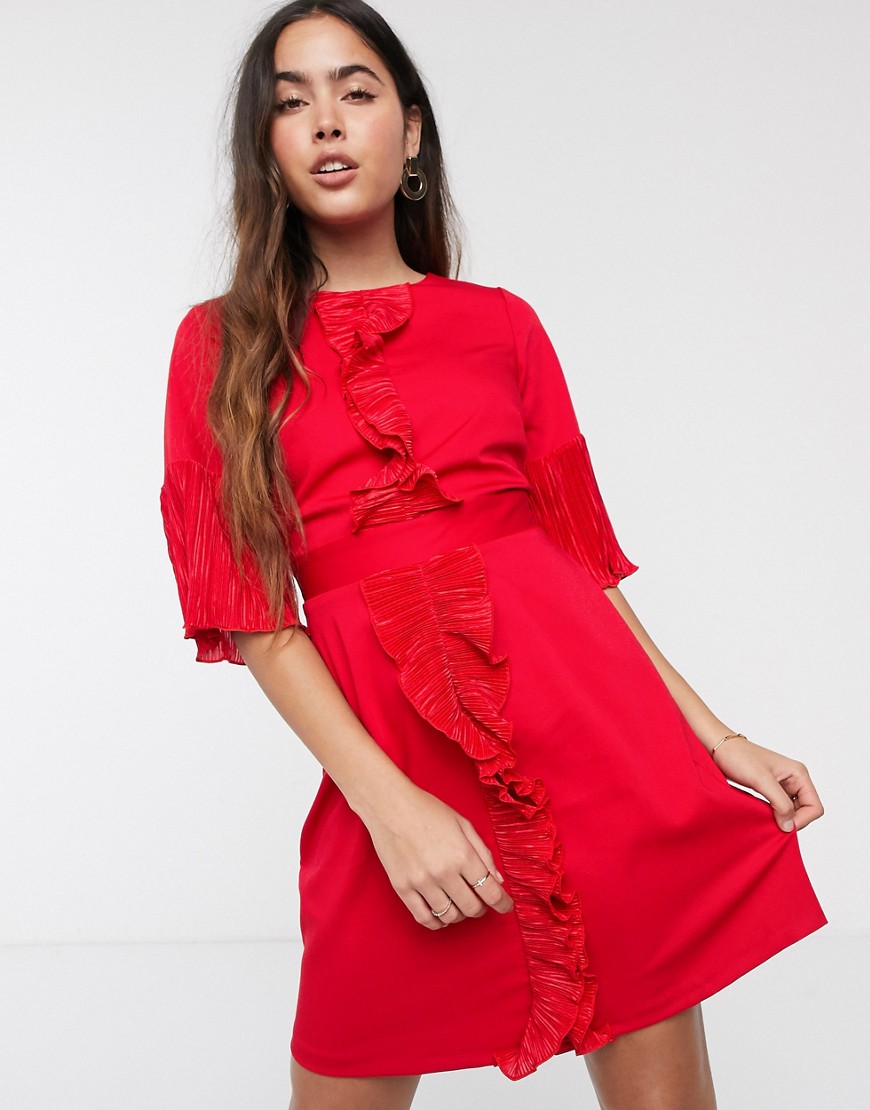 Closet ruffle front dress with tie back-Red