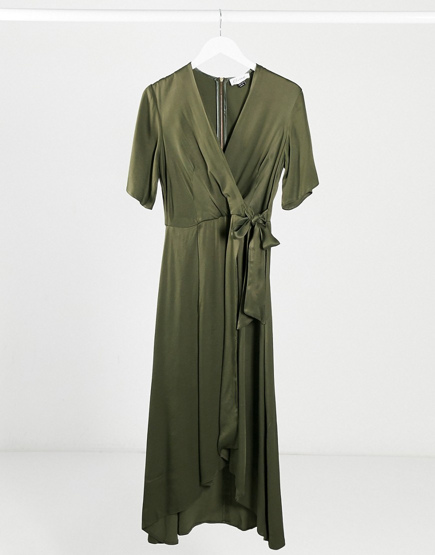 Closet satin pleated midi wrap dress in khaki-Green