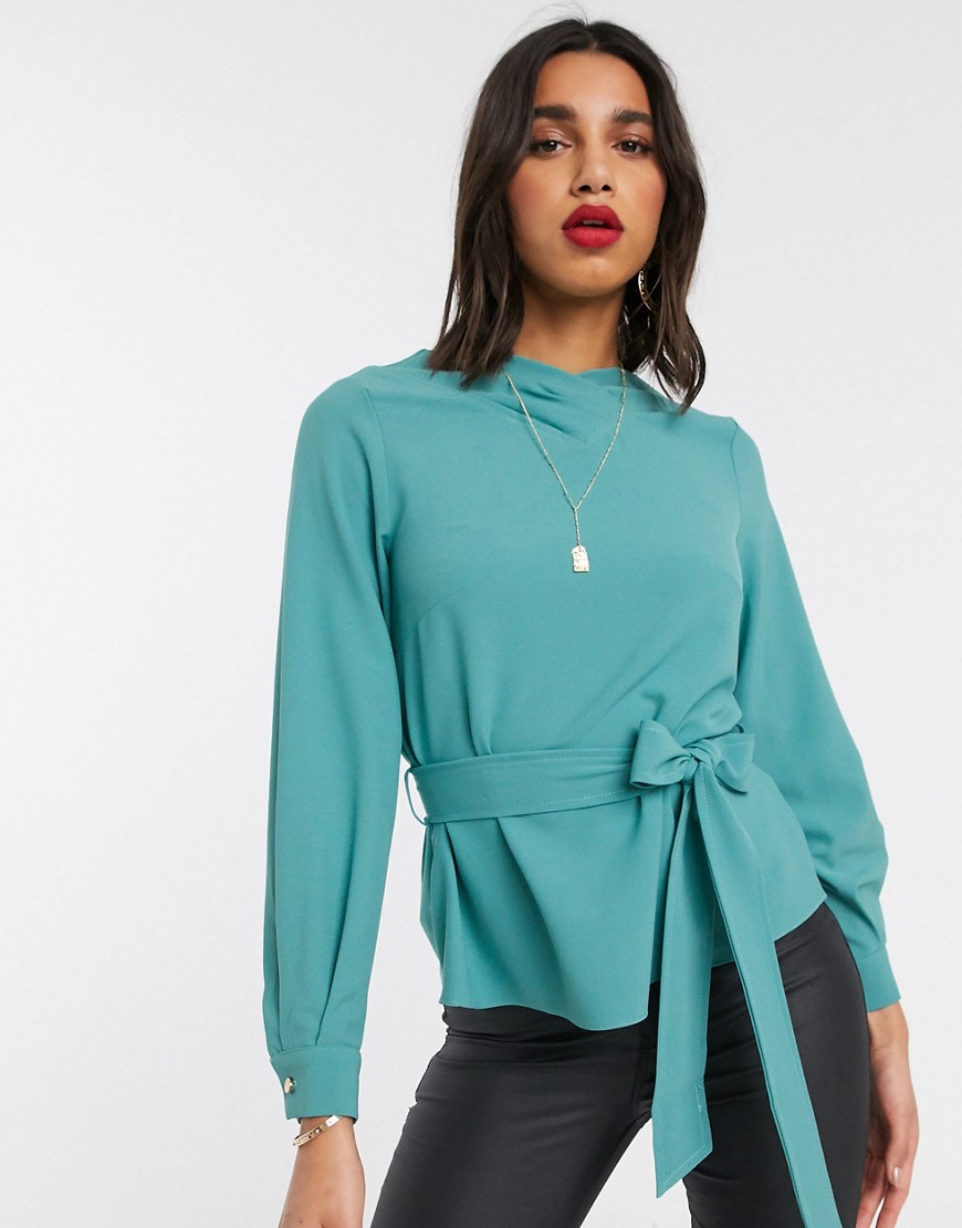 Closet tie front blouse with volume sleeve-Blue