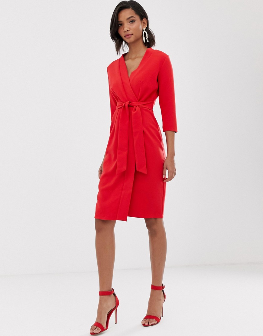 Closet tie waist midi wrap dress-Red