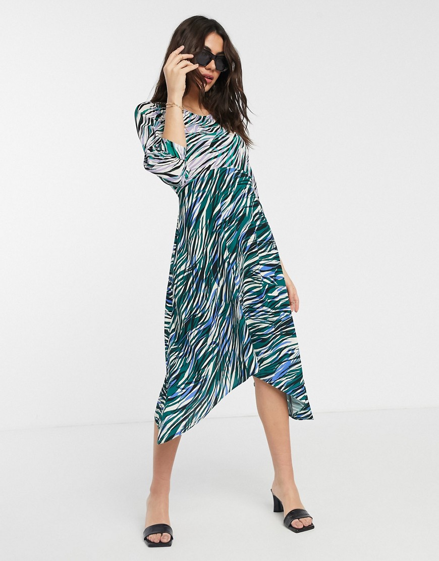 Closet wrap midi dress with puff sleeves in mixed print-Green