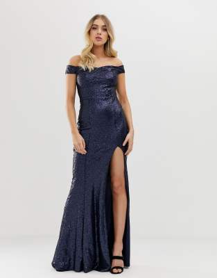 quiz navy bardot split maxi dress