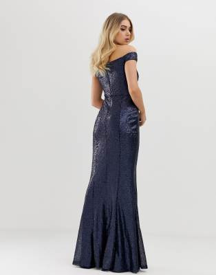 bardot thigh split maxi dress