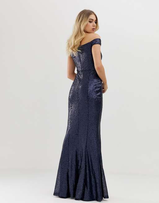 Navy sequin bardot fishtail maxi sale dress