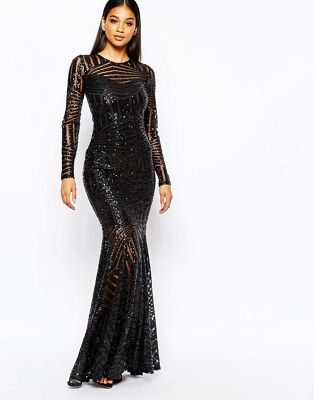 black sequin fishtail maxi dress