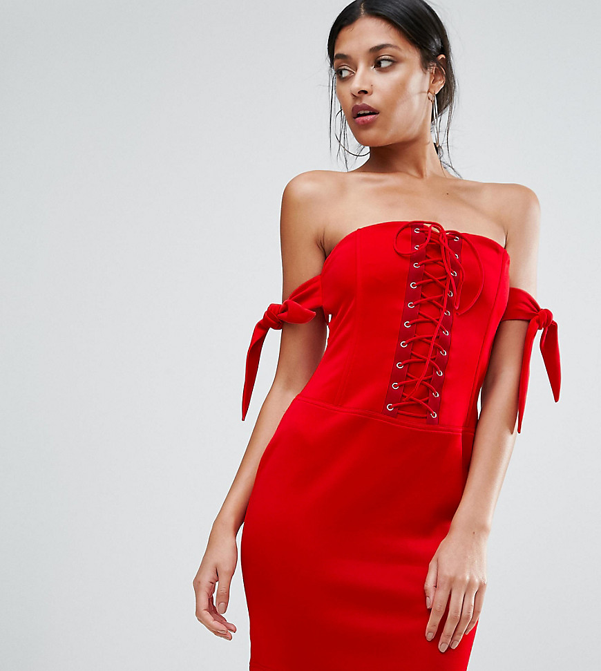 Club L Bandeau Detailed Lace Up Detail Dress-Red