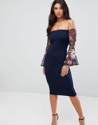 Club L Bardot Detail Dress With Embroidered Sleeves-Navy