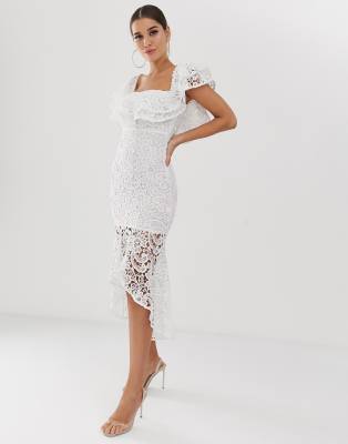 bardot ruffle lace dress