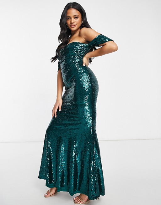 Club L bardot sequin maxi dress with fishtail in emerald green