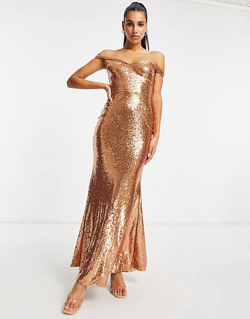 Club L bardot sequin maxi dress with fishtail in rose gold | ASOS