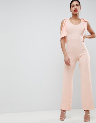 Club L Bow Shoulder Detailed Crepe Jumpsuit-Pink