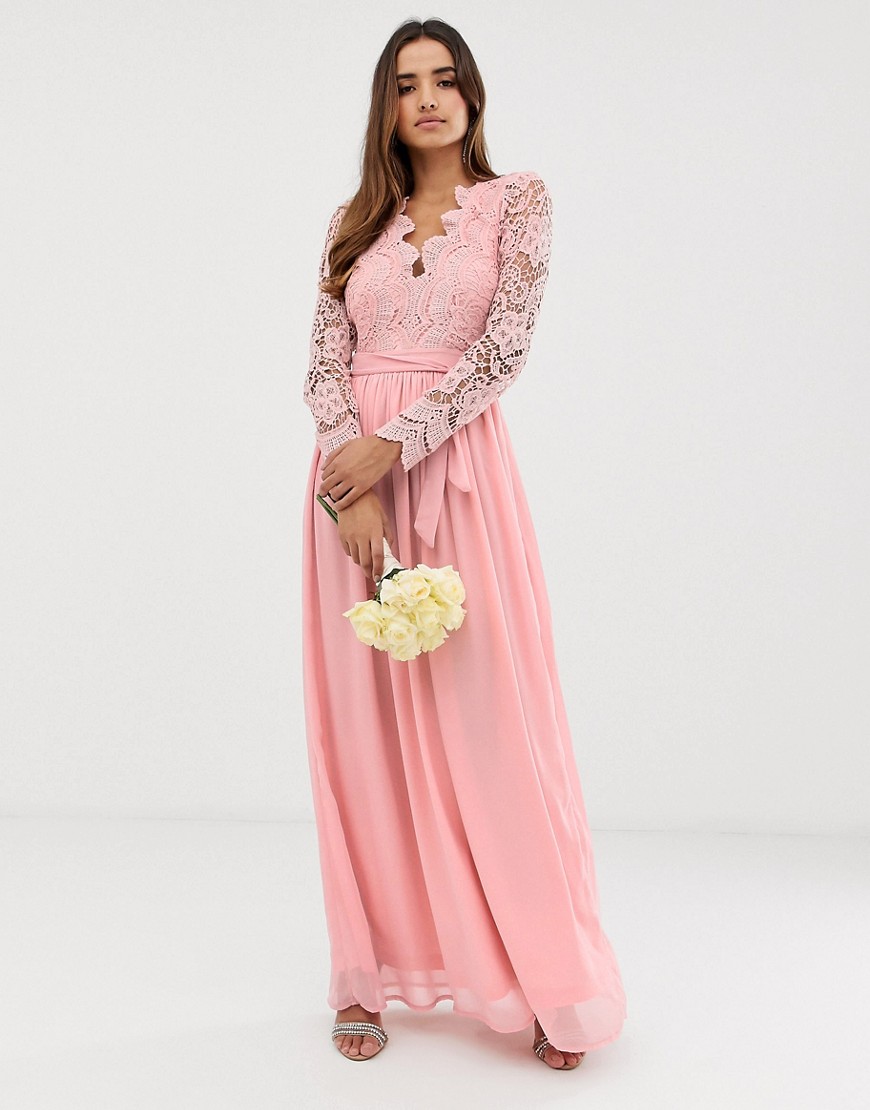 Club L bridesmaid long sleeve crochet detail maxi dress-Pink