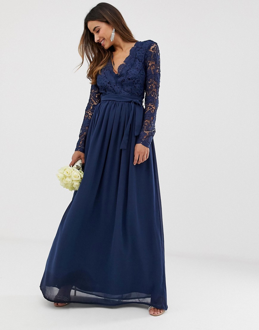 Club L - Bruidsmeisjeskleding - Lange jurk met lange mouwen en gehaakt accent-Marineblauw