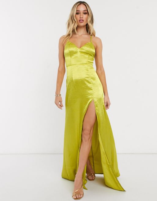 Club L cami strap satin maxi dress with thigh split in chartreuse