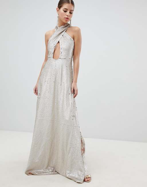 Club l fully embellished sale sequin wrap front maxi dress