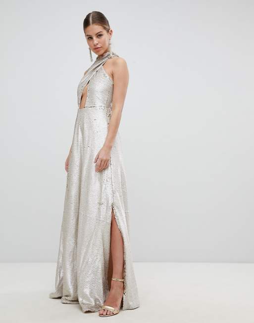 Club l fully embellished sequin wrap front maxi outlet dress