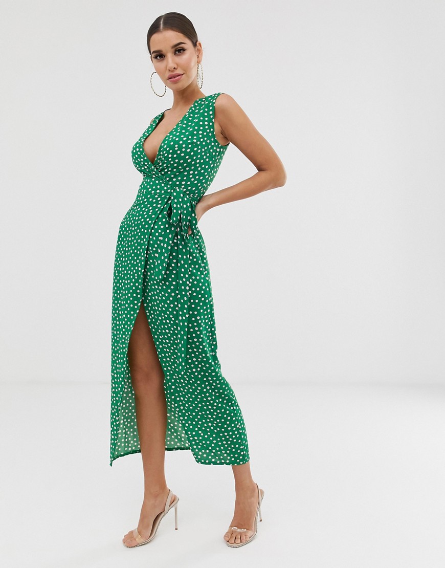 Club L - Diepuitgesneden jurk met gestrikte taille in stippenprint-Groen