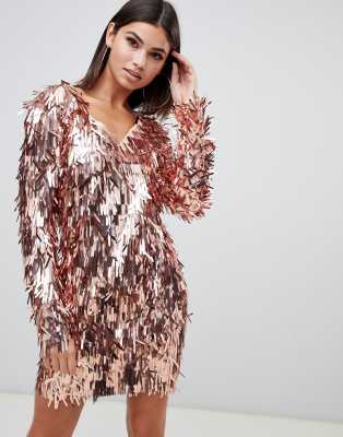 Club L embellished fringe dress in rose gold