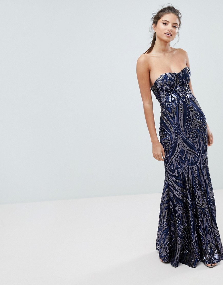 Club L Embellished Sequin Strapless Fishtail Maxi Dress-Navy
