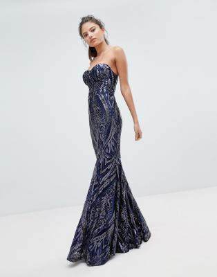 navy sequin embellished fishtail maxi dress