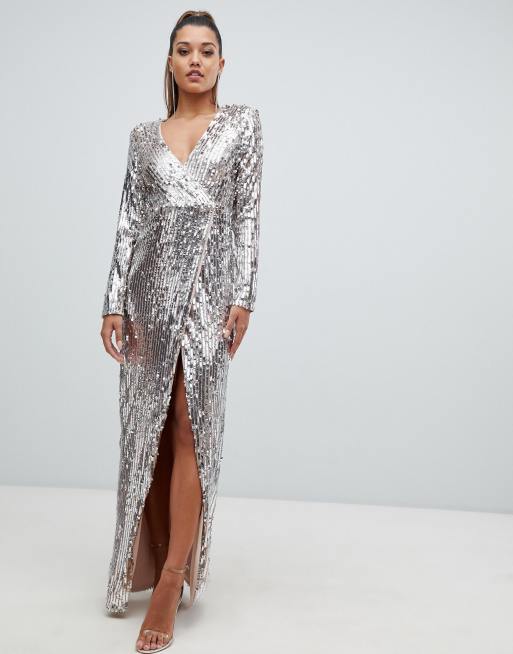 Club L fully embellished sequin wrap front maxi dress