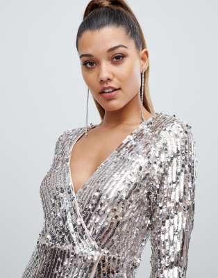 club l fully embellished sequin wrap front maxi dress