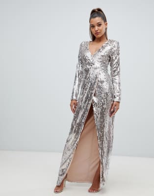 club l rainbow sequin wrap front maxi dress