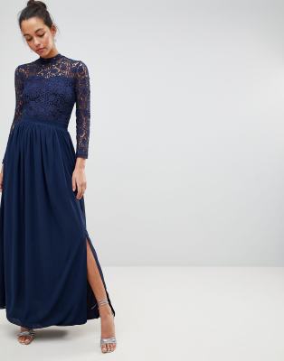 club l high neck crochet lace maxi dress with long sleeves