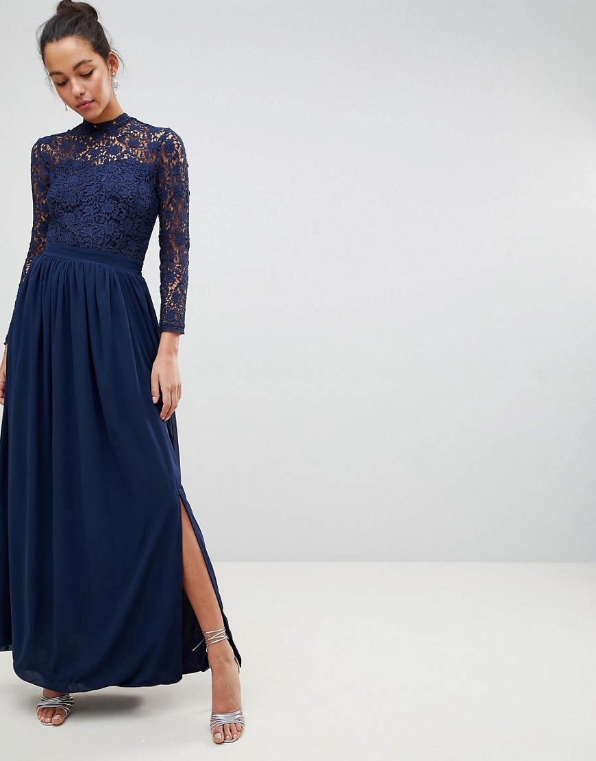 Club L High Neck Crochet Lace Maxi Dress With Long Sleeves-Navy