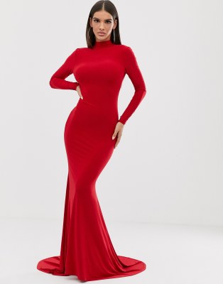 red long sleeve fishtail dress