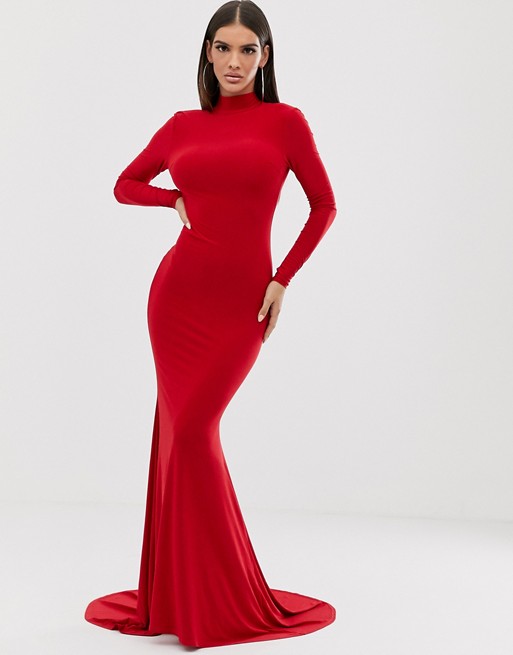 Club L high neck long sleeve fishtail maxi dress with open back thong detail in red