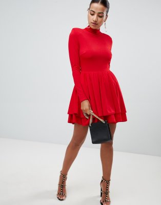 red high neck long sleeve dress