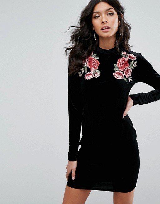 Club L High Neck Long Sleeve Velvet Dress With Rose Embroidery