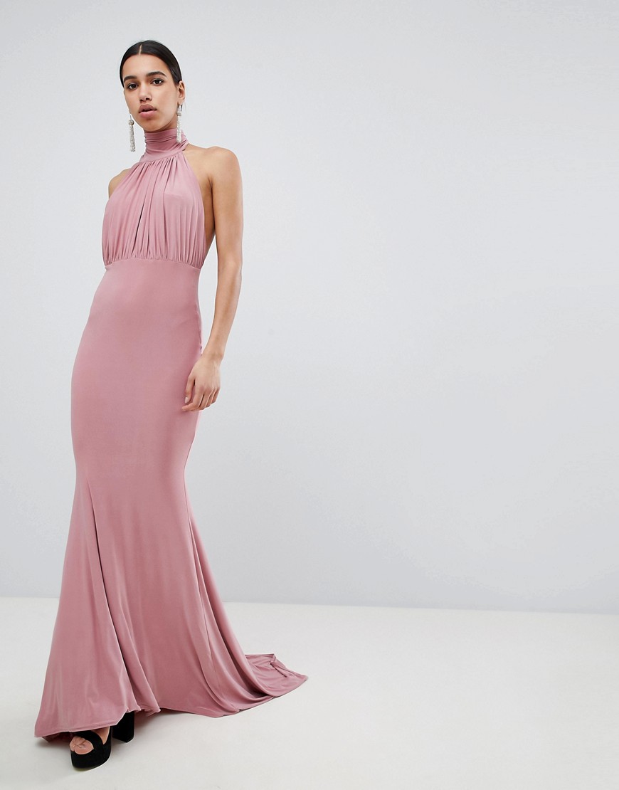 Club L - Hoogsluitende lange jurk voor bruidsmeisjes met sleep-Roze