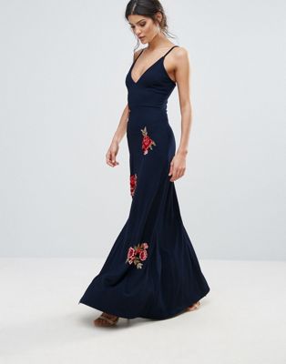 Club L - Lange jurk met cami-bandjes, dijsplit en bloemenborduursel-Marineblauw