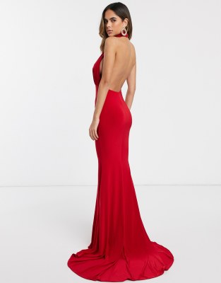 Club L London backless halterneck fishtail maxi dress-Red